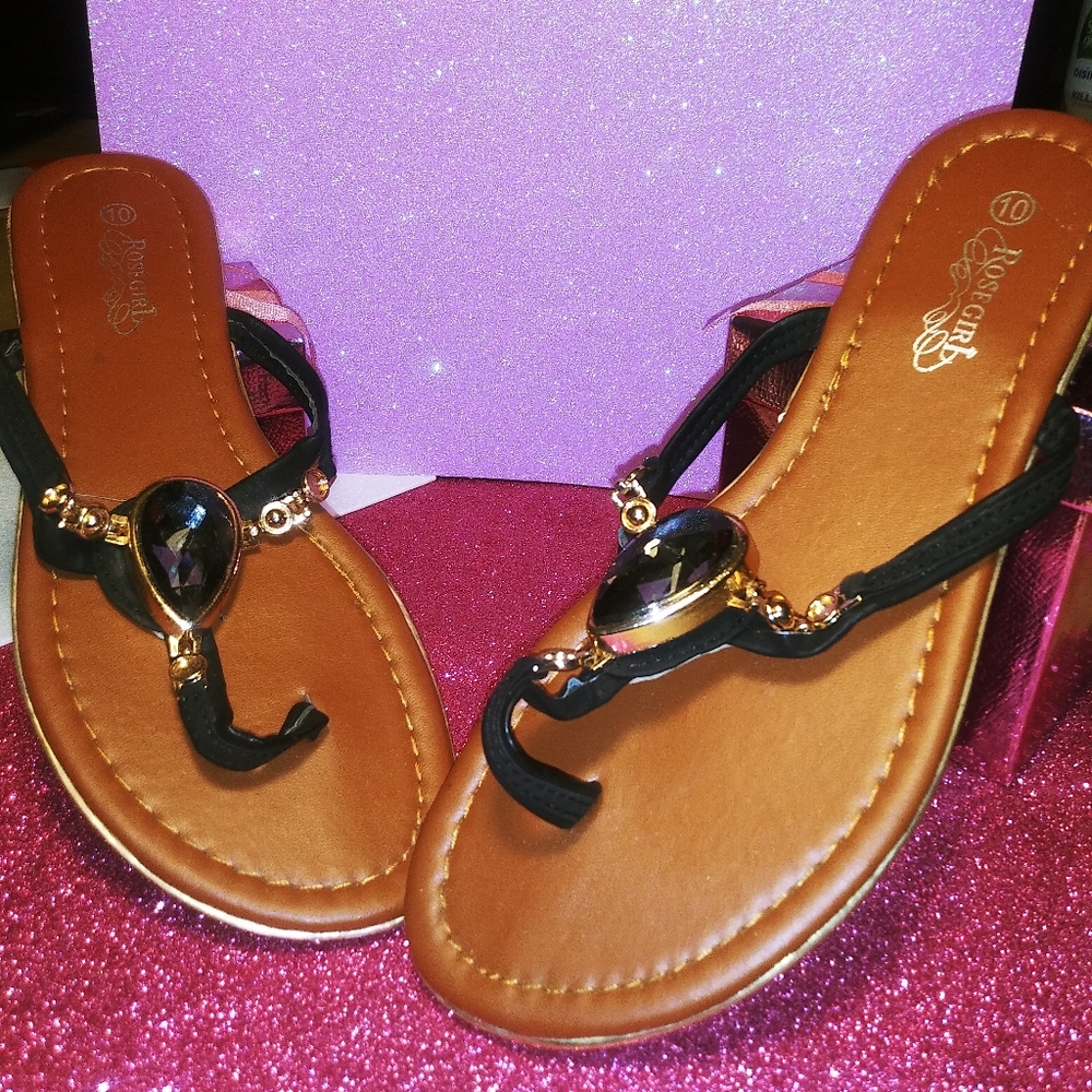 ROSEGIRL Flat Sandals with Black & Gold Accents